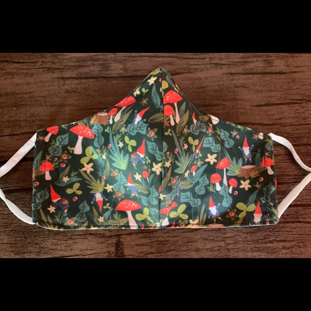 Fitted woodland gnome mask with ear loops filter pocket and corded elastic ties